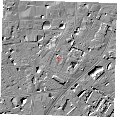 Shaded relief map of the ground around SE11QH, computed from Environment Agency LiDAR. The ground here sits at about 4 m above sea level and falls 11 m across the surrounding 800 m. Surface water reaching this point runs off ground lying to the south-east, 4.1 m higher.