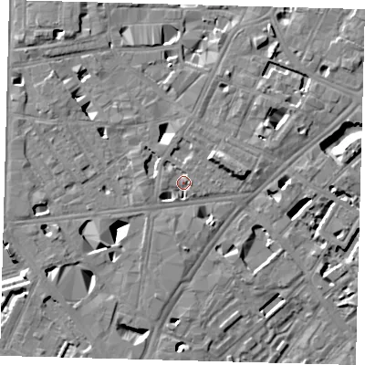 Shaded relief map of the ground around SE11QQ, computed from Environment Agency LiDAR. The ground here sits at about 4 m above sea level and falls 11 m across the surrounding 800 m. Surface water reaching this point runs off ground lying to the east-north-east, 6.1 m higher.