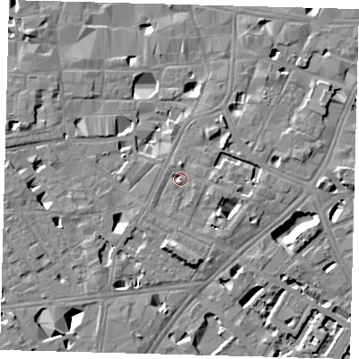 Shaded relief map of the ground around SE11QR, computed from Environment Agency LiDAR. The ground here sits at about 4 m above sea level and falls 11 m across the surrounding 800 m. Surface water reaching this point runs off ground lying to the south-east, 4.1 m higher.