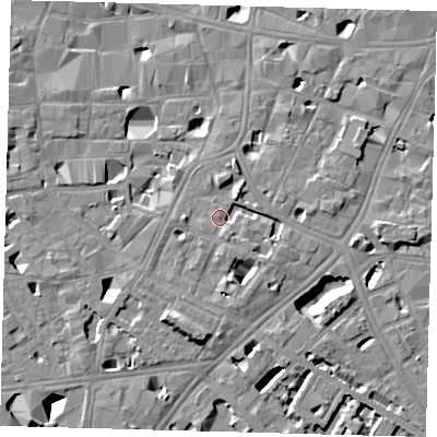 Shaded relief map of the ground around SE11QU, computed from Environment Agency LiDAR. The ground here sits at about 4 m above sea level and falls 11 m across the surrounding 800 m. Surface water reaching this point runs off ground lying to the east, 2.7 m higher.