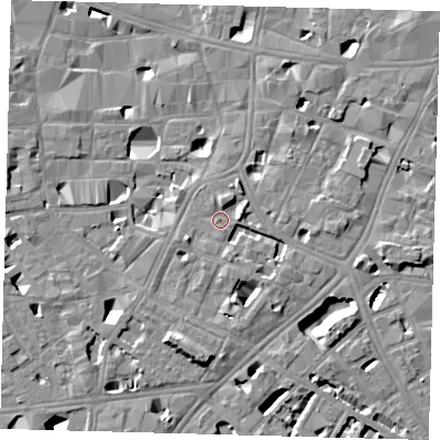 Shaded relief map of the ground around SE11QX, computed from Environment Agency LiDAR. The ground here sits at about 4 m above sea level and falls 11 m across the surrounding 800 m. Surface water reaching this point runs off ground lying to the north-north-east, 2.8 m higher.
