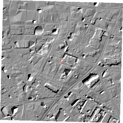 Shaded relief map of the ground around SE11QZ, computed from Environment Agency LiDAR. The ground here sits at about 5 m above sea level and falls 11 m across the surrounding 800 m. Surface water reaching this point runs off ground lying to the east-north-east, 2.7 m higher.