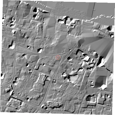 Shaded relief map of the ground around SE11RQ, computed from Environment Agency LiDAR. The ground here sits at about 5 m above sea level and falls 14 m across the surrounding 800 m. Surface water reaching this point runs off ground lying to the north-east, 3.6 m higher.