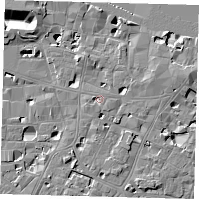 Shaded relief map of the ground around SE11RU, computed from Environment Agency LiDAR. The ground here sits at about 4 m above sea level and falls 14 m across the surrounding 800 m. Surface water reaching this point runs off ground lying to the south-west, 2.5 m higher.