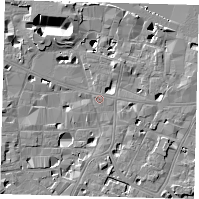 Shaded relief map of the ground around SE11SA, computed from Environment Agency LiDAR. The ground here sits at about 4 m above sea level and falls 14 m across the surrounding 800 m. Surface water reaching this point runs off ground lying to the north-north-east, 5.3 m higher.