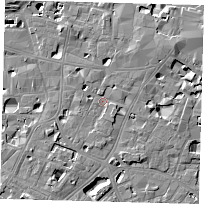 Shaded relief map of the ground around SE11SD, computed from Environment Agency LiDAR. The ground here sits at about 4 m above sea level and falls 14 m across the surrounding 800 m. Surface water reaching this point runs off ground lying to the south, 3.6 m higher.