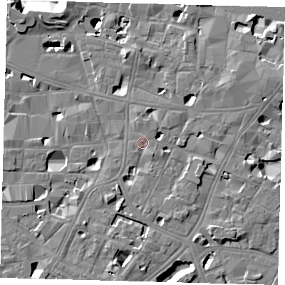 Shaded relief map of the ground around SE11SG, computed from Environment Agency LiDAR. The ground here sits at about 4 m above sea level and falls 14 m across the surrounding 800 m. Surface water reaching this point runs off ground lying to the east-north-east, 6.5 m higher.