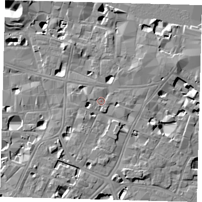Shaded relief map of the ground around SE11TA, computed from Environment Agency LiDAR. The ground here sits at about 4 m above sea level and falls 14 m across the surrounding 800 m. Surface water reaching this point runs off ground lying to the east-north-east, 4.9 m higher.