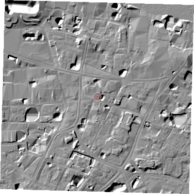 Shaded relief map of the ground around SE11TD, computed from Environment Agency LiDAR. The ground here sits at about 4 m above sea level and falls 14 m across the surrounding 800 m. Surface water reaching this point runs off ground lying to the south, 1.0 m higher.