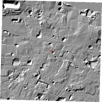 Shaded relief map of the ground around SE11TE, computed from Environment Agency LiDAR. The ground here sits at about 5 m above sea level and falls 14 m across the surrounding 800 m. Surface water reaching this point runs off ground lying to the north-east, 4.9 m higher.