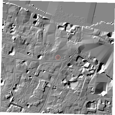 Shaded relief map of the ground around SE11TY, computed from Environment Agency LiDAR. The ground here sits at about 5 m above sea level and falls 14 m across the surrounding 800 m. Surface water reaching this point runs off ground lying to the north-north-west, 1.3 m higher.