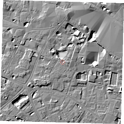 Shaded relief map of the ground around SE11UL, computed from Environment Agency LiDAR. The ground here sits at about 4 m above sea level and falls 10 m across the surrounding 800 m. Surface water reaching this point runs off ground lying to the east-north-east, 2.0 m higher.