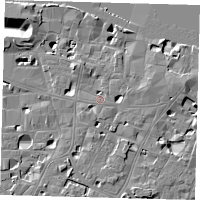 Shaded relief map of the ground around SE11UN, computed from Environment Agency LiDAR. The ground here sits at about 4 m above sea level and falls 14 m across the surrounding 800 m. Surface water reaching this point runs off ground lying to the east-north-east, 0.8 m higher.