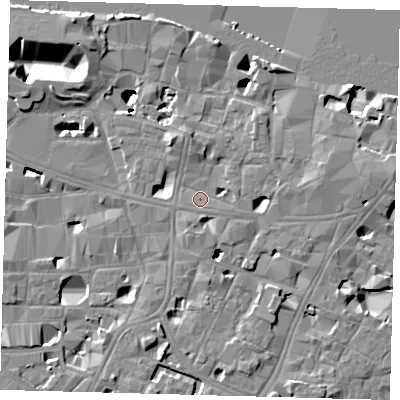 Shaded relief map of the ground around SE11UR, computed from Environment Agency LiDAR. The ground here sits at about 4 m above sea level and falls 14 m across the surrounding 800 m. Surface water reaching this point runs off ground lying to the east, 2.3 m higher.