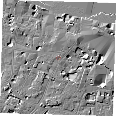 Shaded relief map of the ground around SE11XB, computed from Environment Agency LiDAR. The ground here sits at about 5 m above sea level and falls 10 m across the surrounding 800 m. Surface water reaching this point runs off ground lying to the west-north-west, 0.6 m higher.