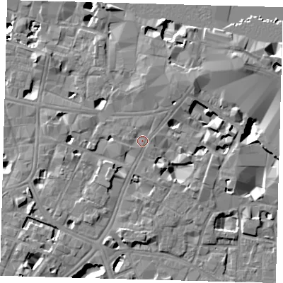 Shaded relief map of the ground around SE11XF, computed from Environment Agency LiDAR. The ground here sits at about 4 m above sea level and falls 14 m across the surrounding 800 m. Surface water reaching this point runs off ground lying to the north, 1.1 m higher.