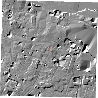 Shaded relief map of the ground around SE11XL, computed from Environment Agency LiDAR. The ground here sits at about 4 m above sea level and falls 13 m across the surrounding 800 m. Surface water reaching this point runs off ground lying to the north-north-west, 1.1 m higher.
