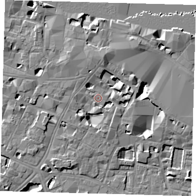 Shaded relief map of the ground around SE11XT, computed from Environment Agency LiDAR. The ground here sits at about 4 m above sea level and falls 10 m across the surrounding 800 m. Surface water reaching this point runs off ground lying to the east, 4.3 m higher.