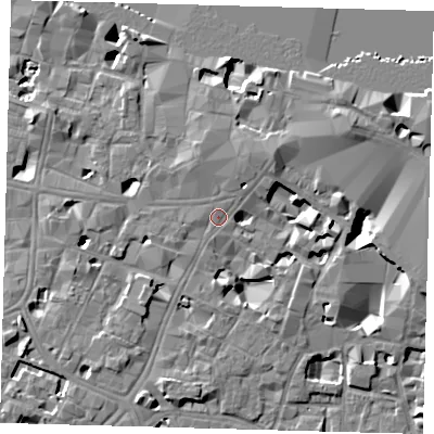 Shaded relief map of the ground around SE11XU, computed from Environment Agency LiDAR. The ground here sits at about 5 m above sea level and falls 10 m across the surrounding 800 m. Surface water reaching this point runs off ground lying to the north-east, 3.6 m higher.
