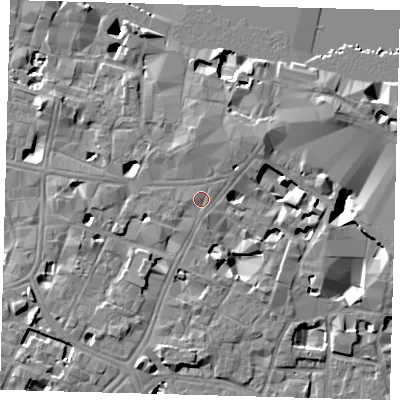 Shaded relief map of the ground around SE11XW, computed from Environment Agency LiDAR. The ground here sits at about 5 m above sea level and falls 10 m across the surrounding 800 m. Surface water reaching this point runs off ground lying to the west, 0.6 m higher.