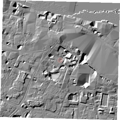 Shaded relief map of the ground around SE11XY, computed from Environment Agency LiDAR. The ground here sits at about 4 m above sea level and falls 10 m across the surrounding 800 m. Surface water reaching this point runs off ground lying to the east-south-east, 4.3 m higher.