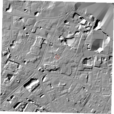 Shaded relief map of the ground around SE11YD, computed from Environment Agency LiDAR. The ground here sits at about 4 m above sea level and falls 10 m across the surrounding 800 m. Surface water reaching this point runs off ground lying to the south-south-west, 1.8 m higher.