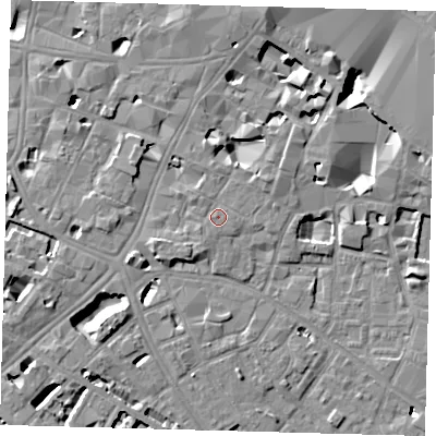 Shaded relief map of the ground around SE11YF, computed from Environment Agency LiDAR. The ground here sits at about 4 m above sea level and falls 10 m across the surrounding 800 m. Surface water reaching this point runs off ground lying to the north, 0.8 m higher.