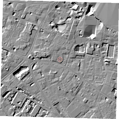 Shaded relief map of the ground around SE11YH, computed from Environment Agency LiDAR. The ground here sits at about 4 m above sea level and falls 10 m across the surrounding 800 m. Surface water reaching this point runs off ground lying to the north-west, 1.1 m higher.