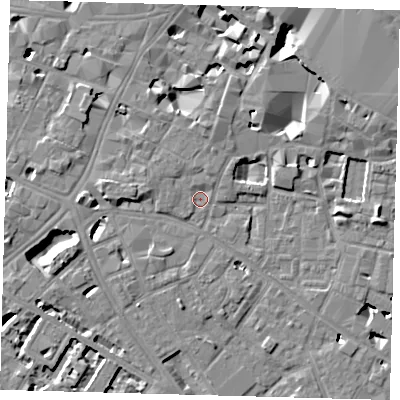 Shaded relief map of the ground around SE11YN, computed from Environment Agency LiDAR. The ground here sits at about 3 m above sea level and falls 10 m across the surrounding 800 m. Surface water reaching this point runs off ground lying to the west-north-west, 1.7 m higher.