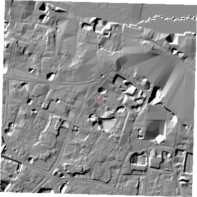 Shaded relief map of the ground around SE11YP, computed from Environment Agency LiDAR. The ground here sits at about 4 m above sea level and falls 10 m across the surrounding 800 m. Surface water reaching this point runs off ground lying to the east, 4.3 m higher.