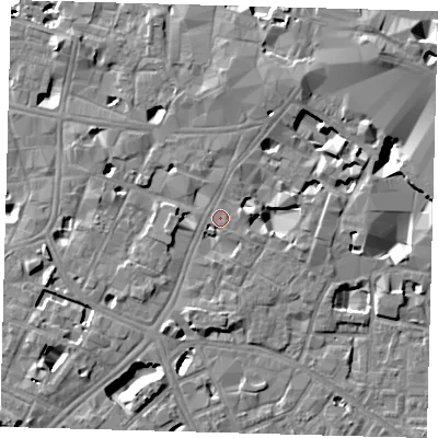 Shaded relief map of the ground around SE11YR, computed from Environment Agency LiDAR. The ground here sits at about 4 m above sea level and falls 11 m across the surrounding 800 m. Surface water reaching this point runs off ground lying to the south-south-west, 3.0 m higher.