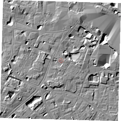 Shaded relief map of the ground around SE11YT, computed from Environment Agency LiDAR. The ground here sits at about 4 m above sea level and falls 11 m across the surrounding 800 m. Surface water reaching this point runs off ground lying to the south-west, 2.9 m higher.