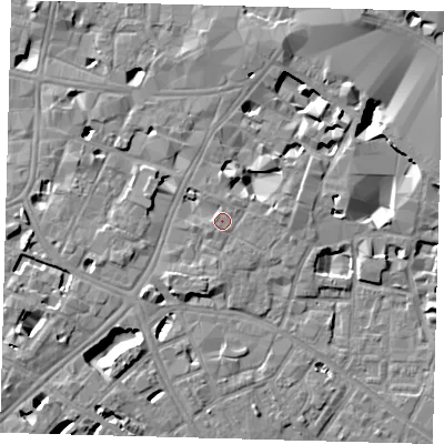 Shaded relief map of the ground around SE11YU, computed from Environment Agency LiDAR. The ground here sits at about 4 m above sea level and falls 10 m across the surrounding 800 m. Surface water reaching this point runs off ground lying to the south-west, 1.2 m higher.