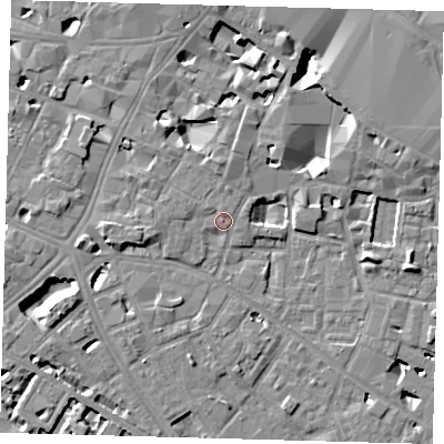Shaded relief map of the ground around SE11YW, computed from Environment Agency LiDAR. The ground here sits at about 4 m above sea level and falls 10 m across the surrounding 800 m. Surface water reaching this point runs off ground lying to the west, 1.7 m higher.