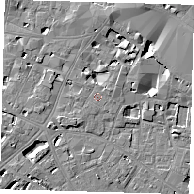 Shaded relief map of the ground around SE11YX, computed from Environment Agency LiDAR. The ground here sits at about 4 m above sea level and falls 10 m across the surrounding 800 m. Surface water reaching this point runs off ground lying to the east-north-east, 1.1 m higher.