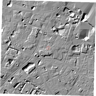 Shaded relief map of the ground around SE11YY, computed from Environment Agency LiDAR. The ground here sits at about 4 m above sea level and falls 11 m across the surrounding 800 m. Surface water reaching this point runs off ground lying to the south, 1.8 m higher.