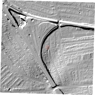 Shaded relief map of the ground around SE120RP, computed from Environment Agency LiDAR. The ground here sits at about 20 m above sea level and falls 19 m across the surrounding 800 m. Surface water reaching this point runs off ground lying to the south-south-east, 9.9 m higher.
