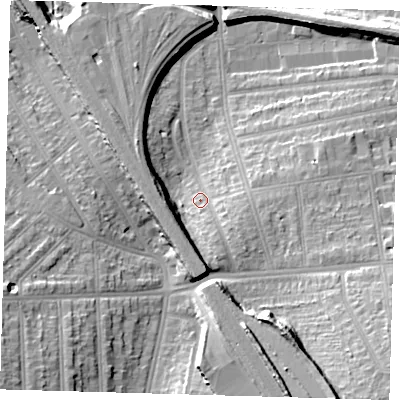 Shaded relief map of the ground around SE120RR, computed from Environment Agency LiDAR. The ground here sits at about 22 m above sea level and falls 21 m across the surrounding 800 m. Surface water reaching this point runs off ground lying to the east-south-east, 5.3 m higher.