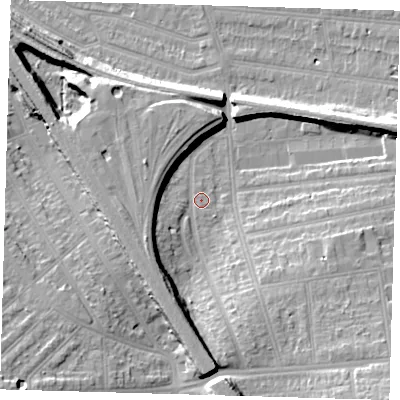 Shaded relief map of the ground around SE120RW, computed from Environment Agency LiDAR. The ground here sits at about 19 m above sea level and falls 20 m across the surrounding 800 m. Surface water reaching this point runs off ground lying to the south, 10.3 m higher.