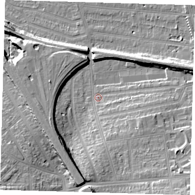Shaded relief map of the ground around SE120TZ, computed from Environment Agency LiDAR. The ground here sits at about 19 m above sea level and falls 21 m across the surrounding 800 m. Surface water reaching this point runs off ground lying to the south-south-east, 9.0 m higher.