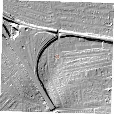 Shaded relief map of the ground around SE120UA, computed from Environment Agency LiDAR. The ground here sits at about 18 m above sea level and falls 20 m across the surrounding 800 m. Surface water reaching this point runs off ground lying to the south-south-east, 9.1 m higher.