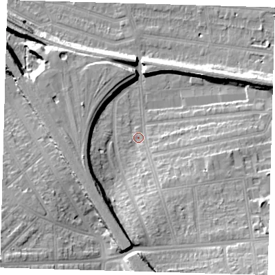 Shaded relief map of the ground around SE120UF, computed from Environment Agency LiDAR. The ground here sits at about 19 m above sea level and falls 21 m across the surrounding 800 m. Surface water reaching this point runs off ground lying to the south-east, 8.3 m higher.