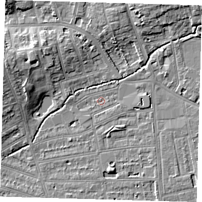 Shaded relief map of the ground around SE128BB, computed from Environment Agency LiDAR. The ground here sits at about 15 m above sea level and falls 10 m across the surrounding 800 m. Surface water reaching this point runs off ground lying to the south-east, 3.9 m higher.