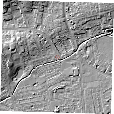 Shaded relief map of the ground around SE128BG, computed from Environment Agency LiDAR. The ground here sits at about 16 m above sea level and falls 12 m across the surrounding 800 m. Surface water reaching this point runs off ground lying to the north-east, 9.5 m higher.