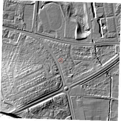 Shaded relief map of the ground around SE128BL, computed from Environment Agency LiDAR. The ground here sits at about 24 m above sea level and falls 17 m across the surrounding 800 m. Surface water reaching this point runs off ground lying to the south-south-west, 13.3 m higher.