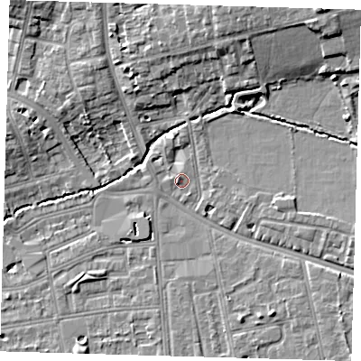 Shaded relief map of the ground around SE128BQ, computed from Environment Agency LiDAR. The ground here sits at about 17 m above sea level and falls 12 m across the surrounding 800 m. Surface water reaching this point runs off ground lying to the south-east, 4.1 m higher.