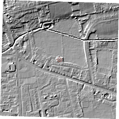 Shaded relief map of the ground around SE128DA, computed from Environment Agency LiDAR. The ground here sits at about 18 m above sea level and falls 10 m across the surrounding 800 m. Surface water reaching this point runs off ground lying to the south-south-east, 0.7 m higher.