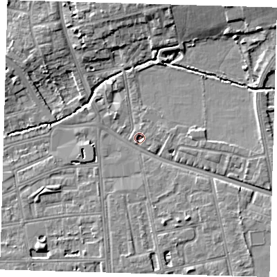 Shaded relief map of the ground around SE128ES, computed from Environment Agency LiDAR. The ground here sits at about 16 m above sea level and falls 9 m across the surrounding 800 m. Surface water reaching this point runs off ground lying to the south-east, 4.2 m higher.