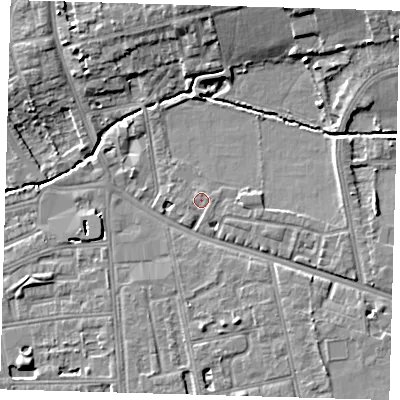 Shaded relief map of the ground around SE128EU, computed from Environment Agency LiDAR. The ground here sits at about 17 m above sea level and falls 10 m across the surrounding 800 m. Surface water reaching this point runs off ground lying to the north, 0.7 m higher.
