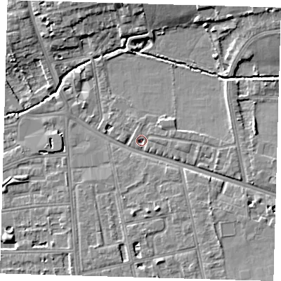 Shaded relief map of the ground around SE128EX, computed from Environment Agency LiDAR. The ground here sits at about 17 m above sea level and falls 9 m across the surrounding 800 m. Surface water reaching this point runs off ground lying to the north-east, 3.2 m higher.
